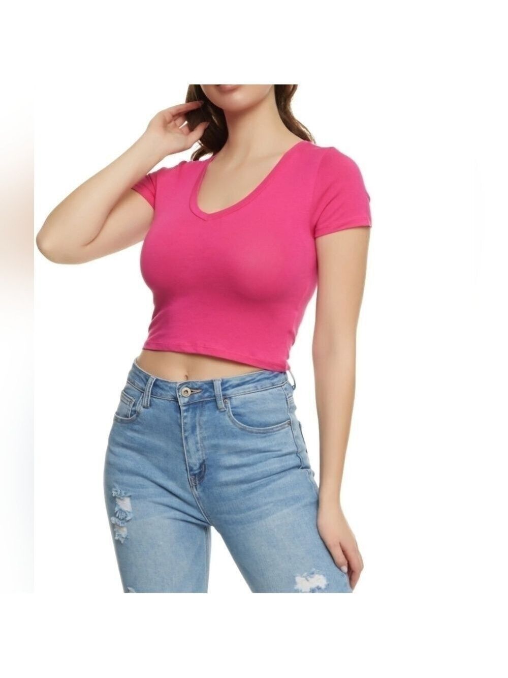 Ambiance Ribbed Cropped V Neck Fuchsia Tee Size S/M and M/L - New Without Tags